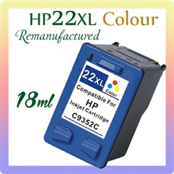 22XL, Tri-Colour Ink (Re-manufactured), Deskjet 1402, 1410, 3920, 3940, D1360, D1460, D1550, D1560, D2360, D2460, F370, F380, F2120, F2179, F2180, F2235, F2275, F2276, F2280, F2288, F4185, OfficeJet 4355, PSC 1400, 1402, 1410