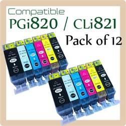 PGI820, CLI821, Pack of 12 (Compatible), Canon iP3680, iP4680, iP4760, MP545, MP558, MP568, MP628, MP638, MP648, MP988, MP996, MX868, MX876