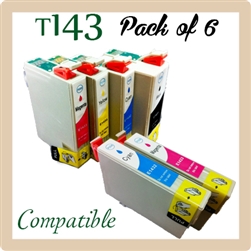 T143, Pack of 6 (Compatible), Epson ME 32, 320, 330, 340, ME OFFICE 82WD, 535, 560W, 620F, 900WD, 960FWD, WorkForce WF-3011, WF-3521, WF-7011, WF-7018, WF-7511, WF-7521