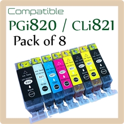 PGI820, CLI821, Pack of 8 (Compatible), Canon iP3680, iP4680, iP4760, MP545, MP558, MP568, MP628, MP638, MP648, MP988, MP996, MX868, MX876