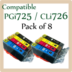 PGI-725, CLI-726, Pack of 8 (Compatible), Canon iP4870, iP4970, iX6560, MG5170, MG5270, MG5370, MG6170, MG6270, MG8170, MG8270, MX886, MX897