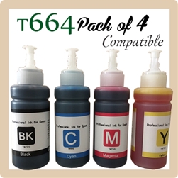 Epson T664, Pack of 4 (Compatible Ink), L-Series L100, L110, L120, L200, L210, L220, L300, L310, L350, L355, L360, L365, L380, L385, L455, L485, L550, L555, L565, L605, L655, L1300, L1455